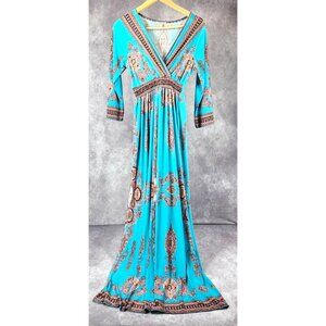 Bohemian Cutout Deep V Neck Long Tie Waist Sleeves Summer Maxi Dress Blue XL